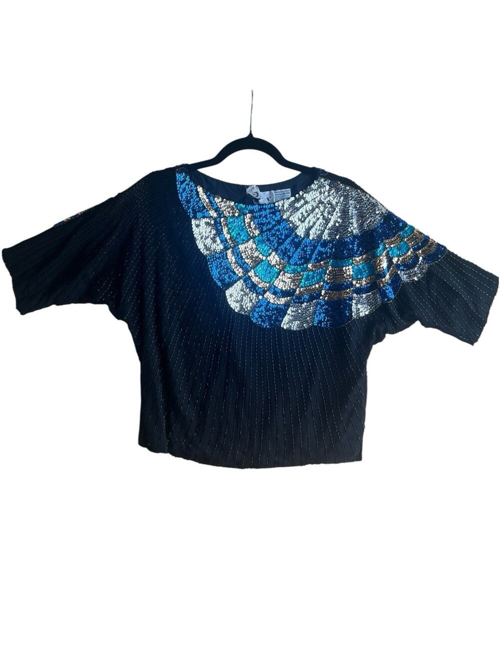 Shomax Vintage Women's SMALL 3/4 Sleeve Silk Retro Funky Glam Bead Sequin Black
